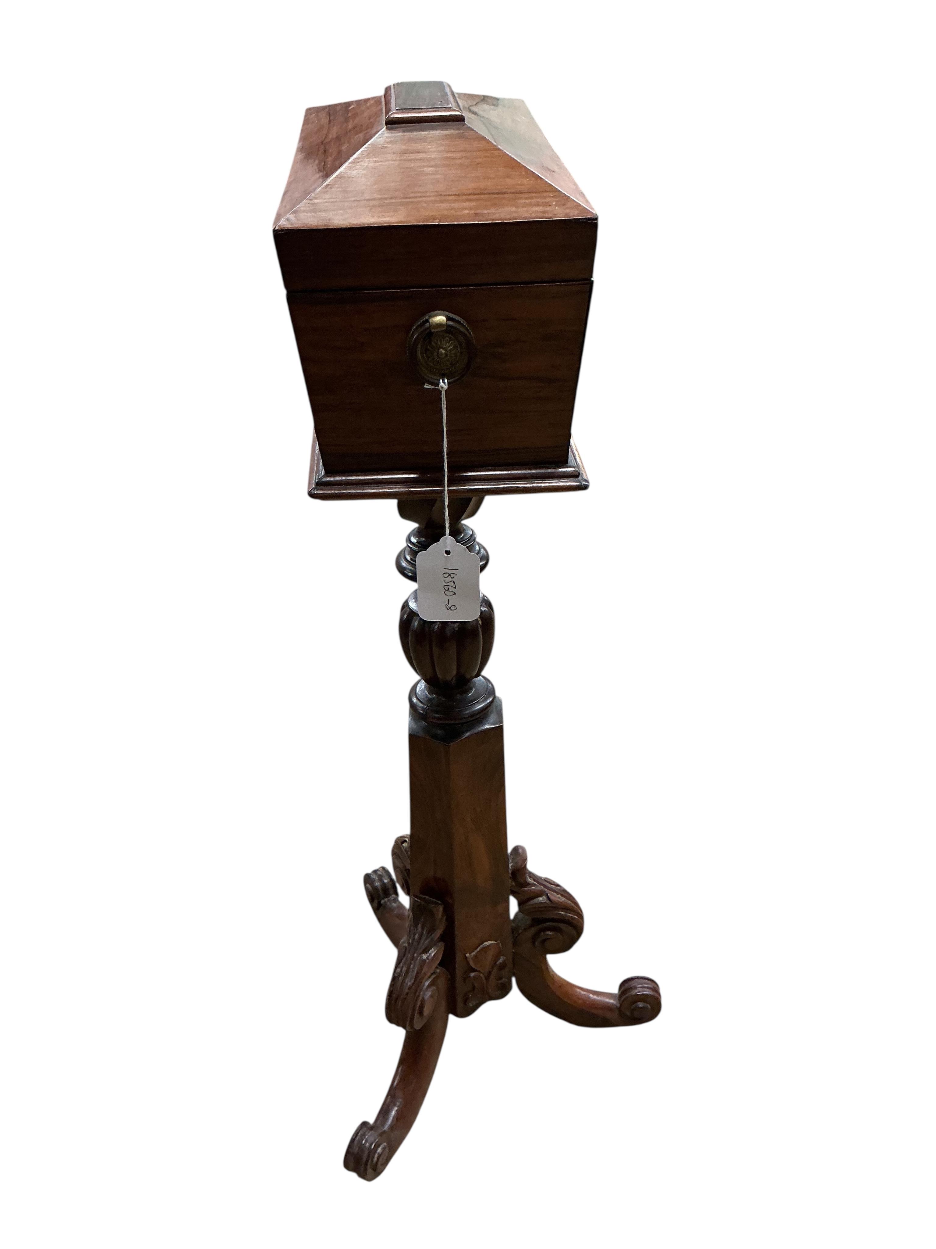 A Regency rosewood sarcophagus tea caddy, on associated stand